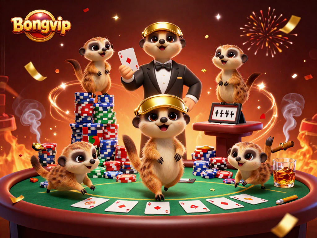 Experience the excitement of Bongvip with meerkats managing a lively casino.
