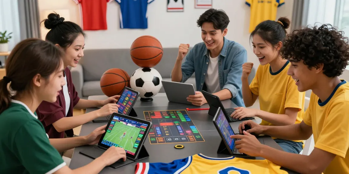 LUCK8 online betting scene with young adults enjoying live sports betting excitement, showcasing colorful game paraphernalia and modern tech.