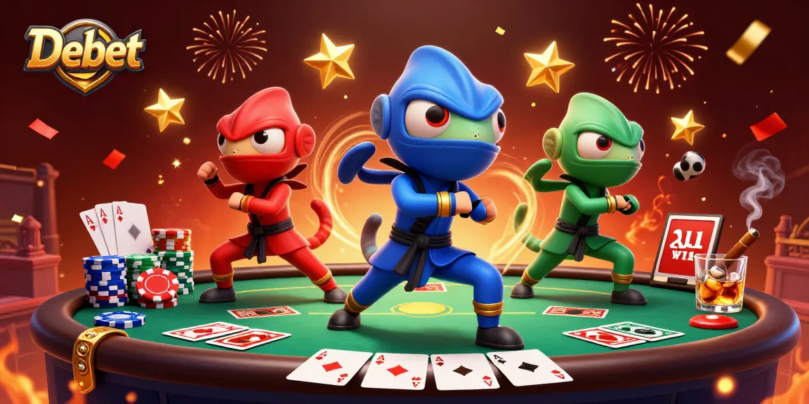 Debet evokes thrilling poker action with ninja chameleons in a vibrant 3D casino scene.