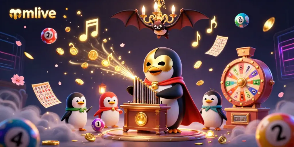 Engage with mmlive's thrilling gameplay, featuring a penguin playing casino-themed music surrounded by vibrant symbols.