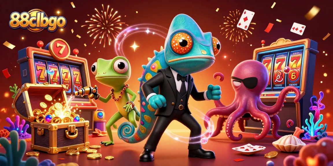 Engage with the dynamic 88clbgo casino world featuring exciting slot reels and vibrant chameleon characters.