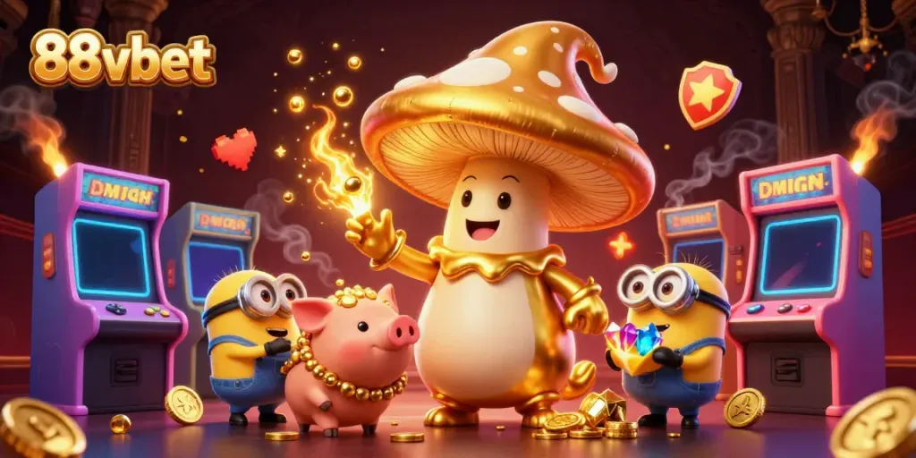 Experience thrilling magic with 88vbet as a golden mushroom wizard channels wealth surrounded by vibrant casino themes.