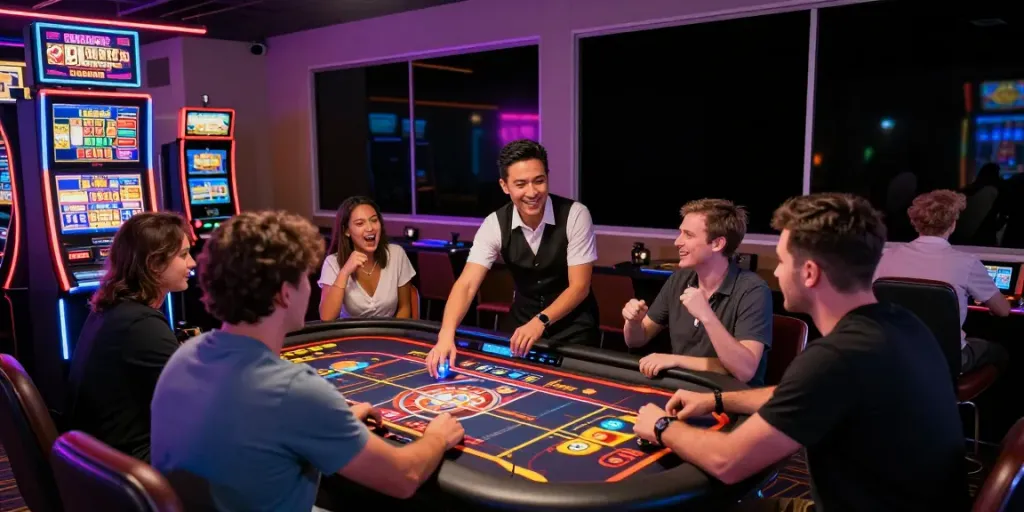 Exciting atmosphere at Crusado Casino UK with players enjoying games and vibrant lights.