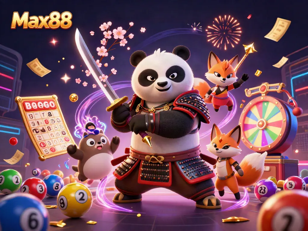 Engage with Max88's exciting lottery scene featuring animated characters, colorful elements, and dynamic casino vibes.