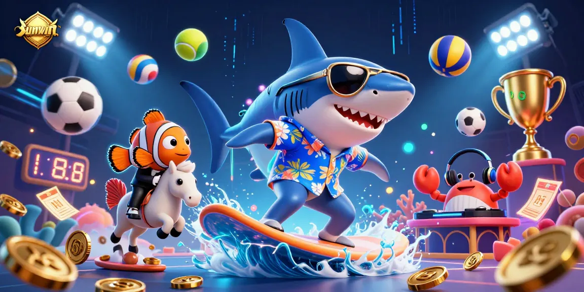 Sunwin brings excitement as a hammer-head shark surfs gold coins amidst sporting elements in this vibrant scene.