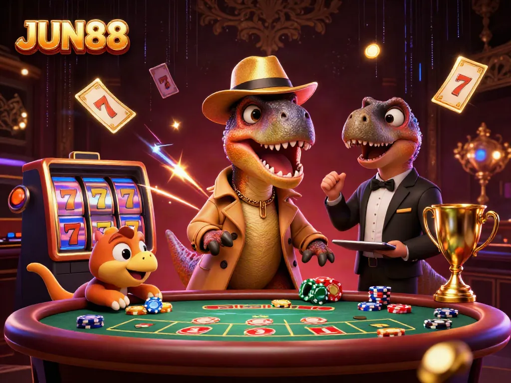 Innovative 3D illustration of JUN88 featuring a velociraptor at a blackjack table among vibrant casino elements.