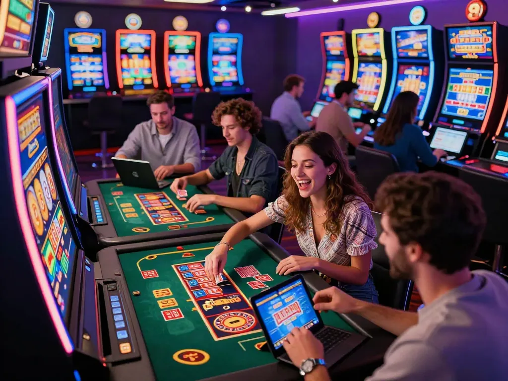 Diverse players enjoying a lively non-UK casino atmosphere with vibrant slot machines and card games.