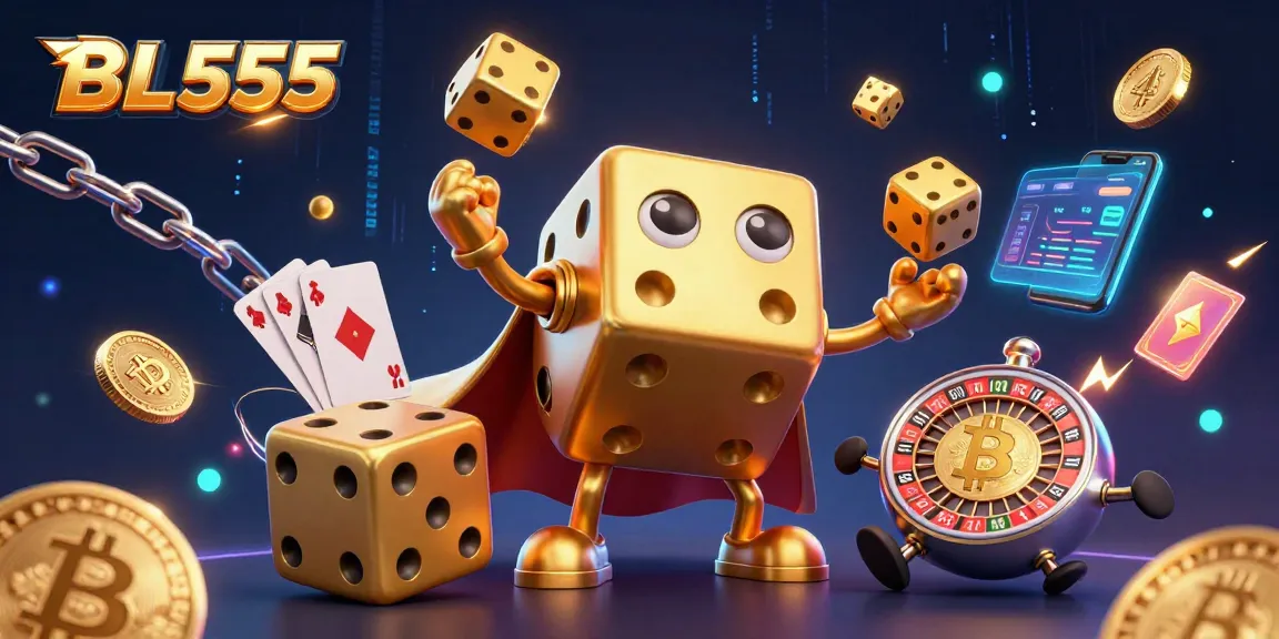 Engage with BL555's vibrant gaming universe featuring animated golden dice and crypto coins.