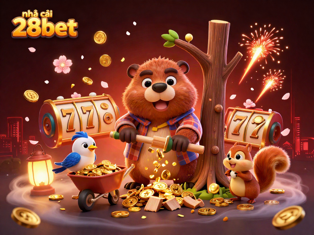 Engage with the rich gaming experience at nhà cái 28bet with energetic 3D cartoon characters amidst vibrant casino elements.