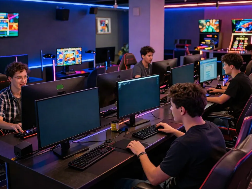 Exciting gaming lounge scene depicting players enjoying non-UK casino games with neon lighting and vibrant atmosphere.