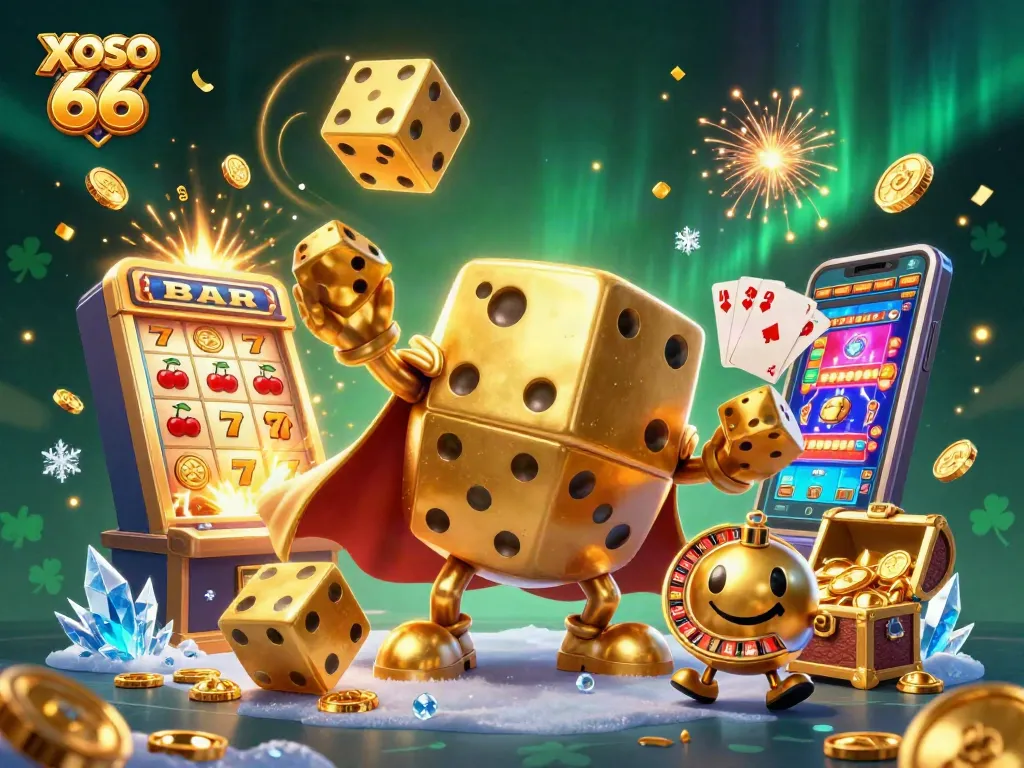 Engage in thrilling gameplay at XOSO 66 with a vibrant illustration of a golden dice golem and explosive jackpot!