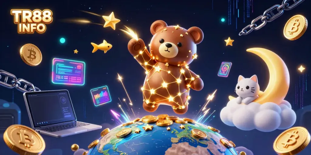 Experience winning thrills with TR88 INFO through an enchanting scene of a constellation bear collecting coins.