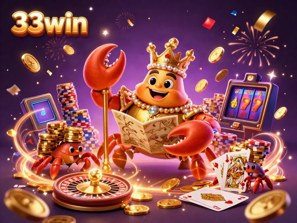 Experience the thrill of 33win with a golden crab emperor and hermit crab servants amidst dazzling casino elements.