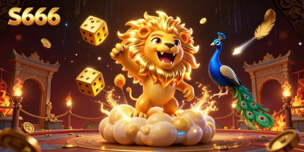 S666 engages players with thrilling visuals of a sun lion, golden dice, and a peacock in a vibrant gaming atmosphere.