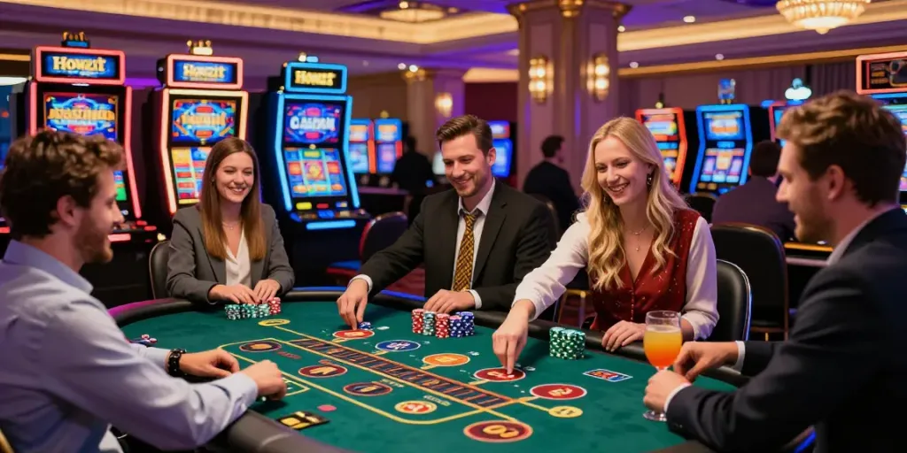 Engaging gaming experience at Howzit Casino UK with players enjoying live table games and vibrant slot machines.