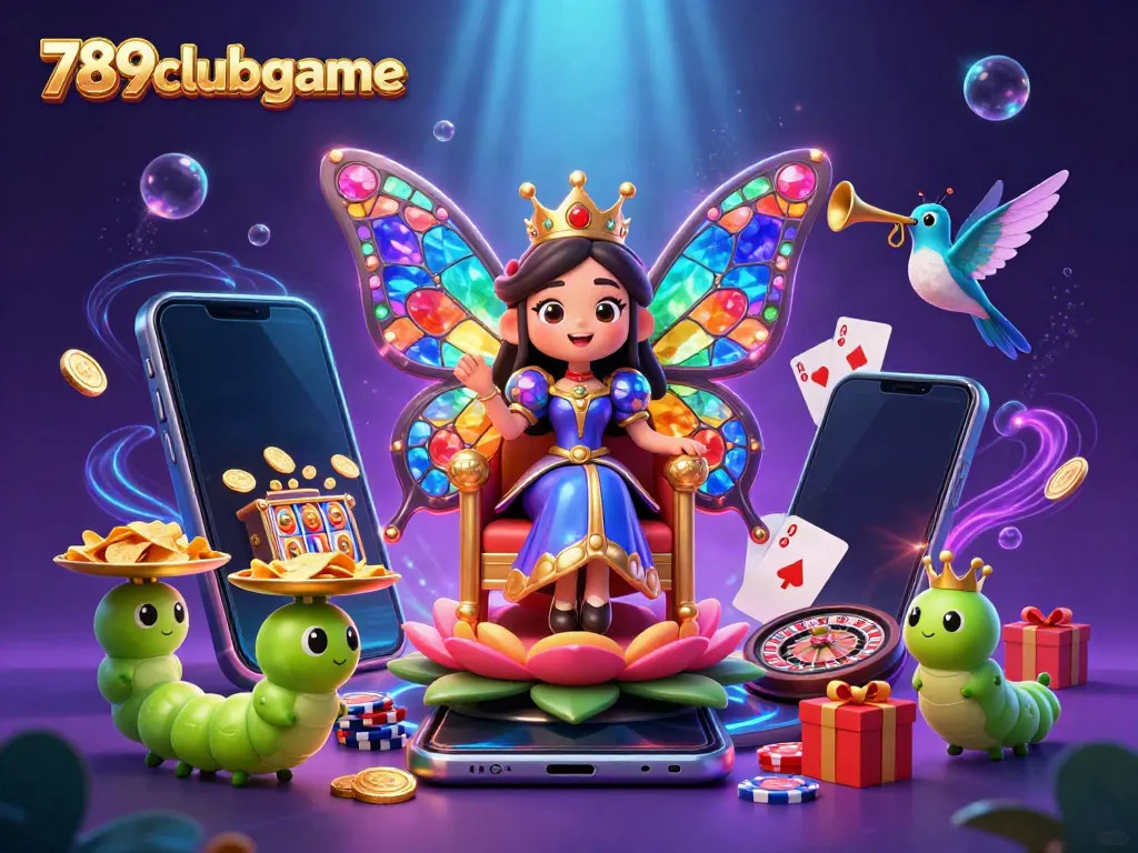 Experience exciting gameplay at 789clubgame with a vibrant illustration featuring a butterfly queen, chips, and slot games.
