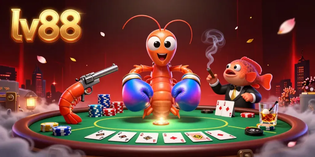 Engage in high-stakes poker with lv88, where vibrant characters compete amid an elaborate casino setup.