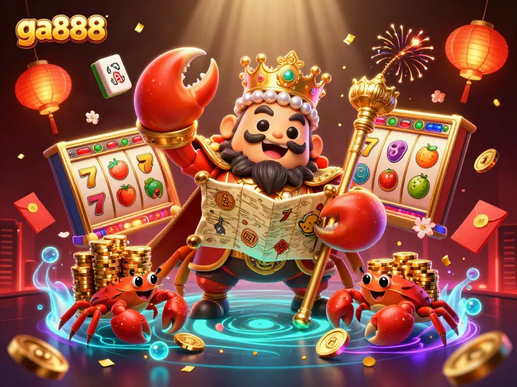 Engage in gaming at ga888 featuring vibrant slot reels and a golden crab emperor amid a festive backdrop.