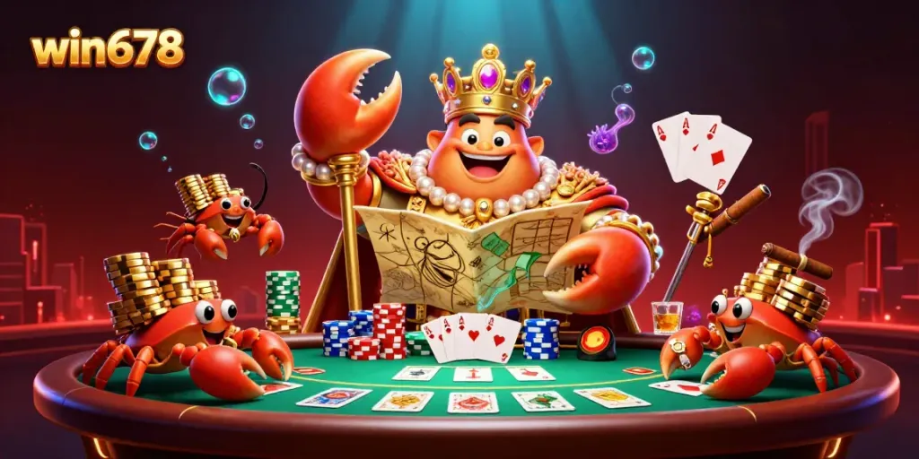 Engage in thrilling poker action with win678, featuring a golden crab emperor amidst vibrant casino elements.