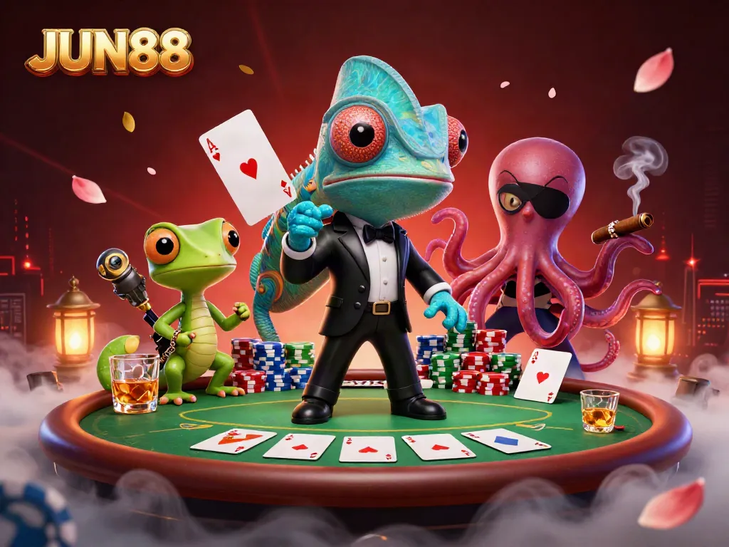 Experience excitement at JUN88 with colorful poker scenes and dynamic characters in a thrilling casino setting.