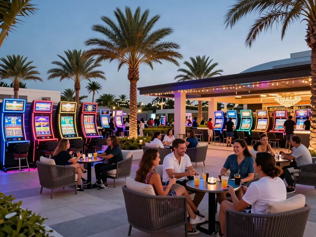 People enjoying a vibrant outdoor casino atmosphere at a non UK casino with gaming tables and lounge chairs.