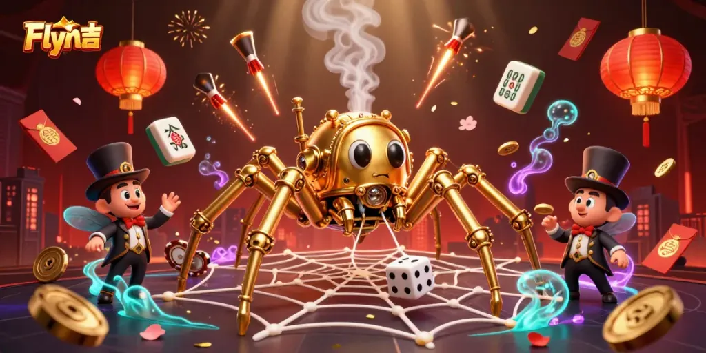 Engage in Flying chess, where strategy meets excitement, illustrated by a steampunk spider and playful elements.
