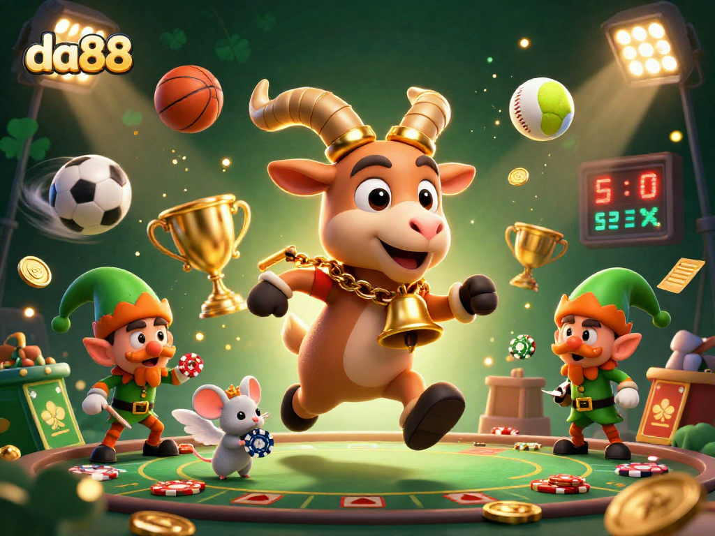 Elevate your betting experience at da88 in a festive, lively casino setting with unique characters.