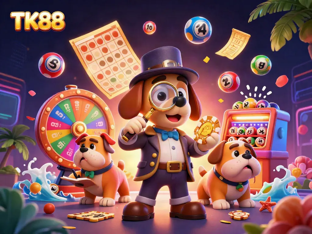 TK88 showcases a vibrant 3D scene of a detective dog uncovering treasures and lottery clues.