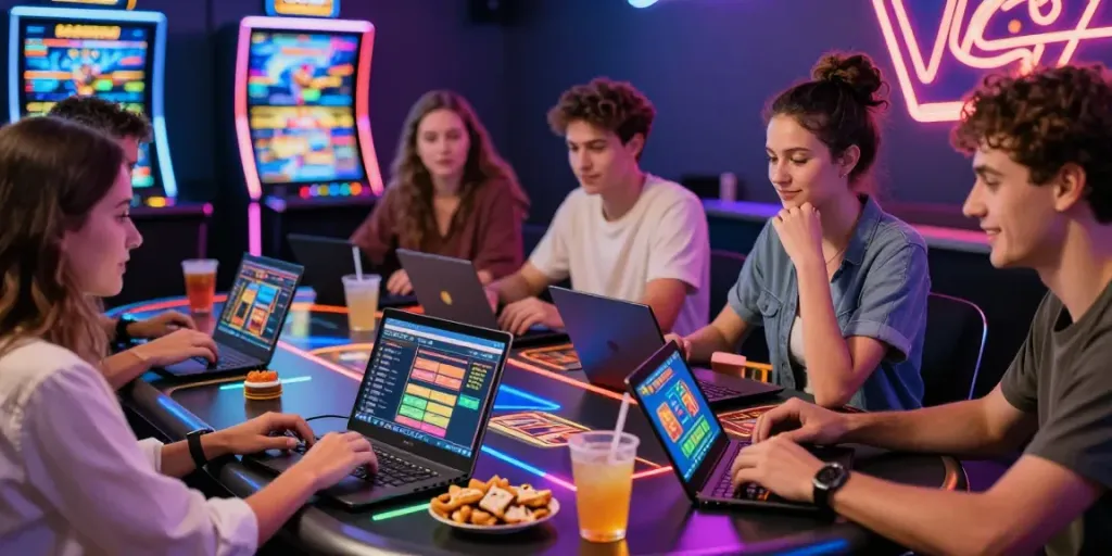 Friends enjoying a non UK casino gaming experience at a vibrant table with tech and drinks.