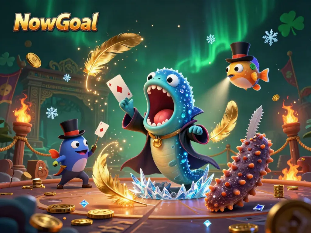NowGoal features a magical underwater scene with a deep-sea gulper eel performing card tricks amidst swirling betting tokens and vibrant effects.