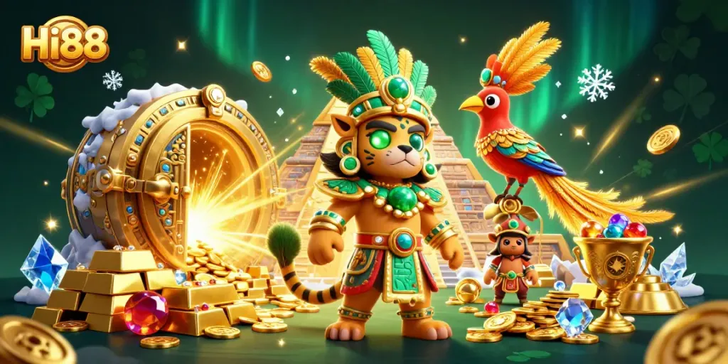 Hi88 offers colorful treasures and gaming excitement through its 3D illustration capturing vibrant casino elements.