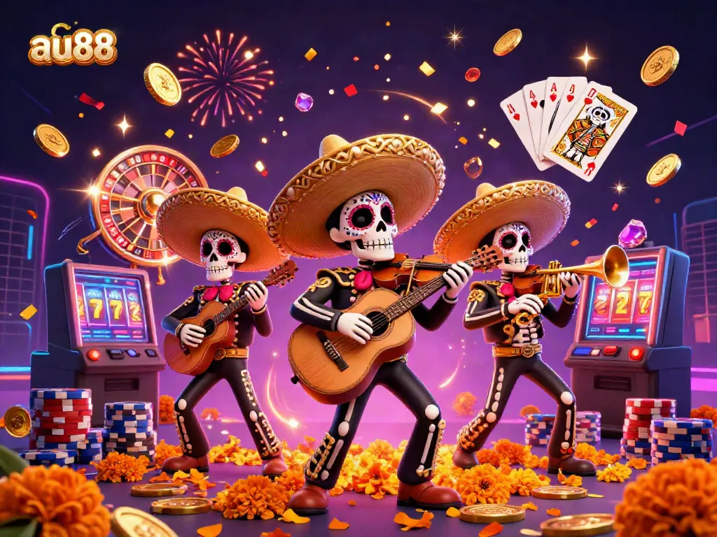 Experience thrilling gaming at au88 with lively mariachi skeletons amidst sparkling casino elements.