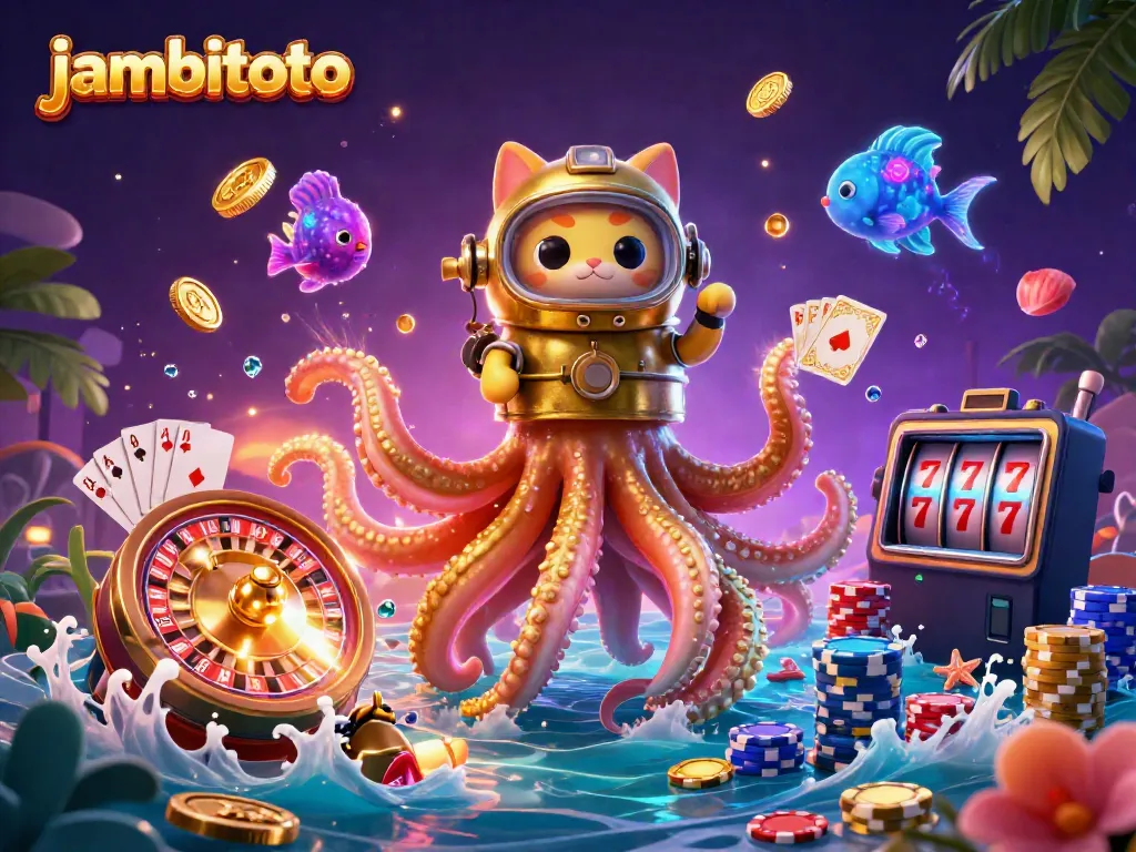 Experience thrilling gameplay at jambitoto with a captivating kraken and lush underwater treasure scene.