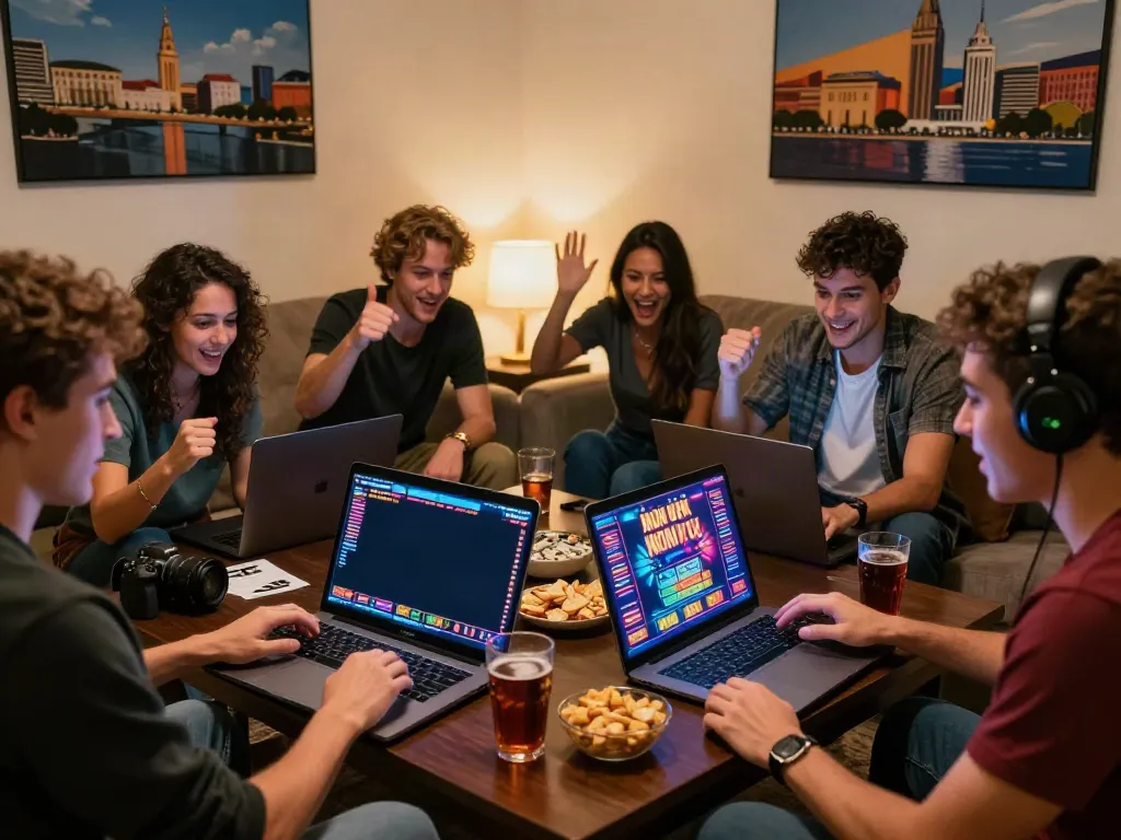 Friends enjoying an exciting game at a non UK casino in a cozy living room.