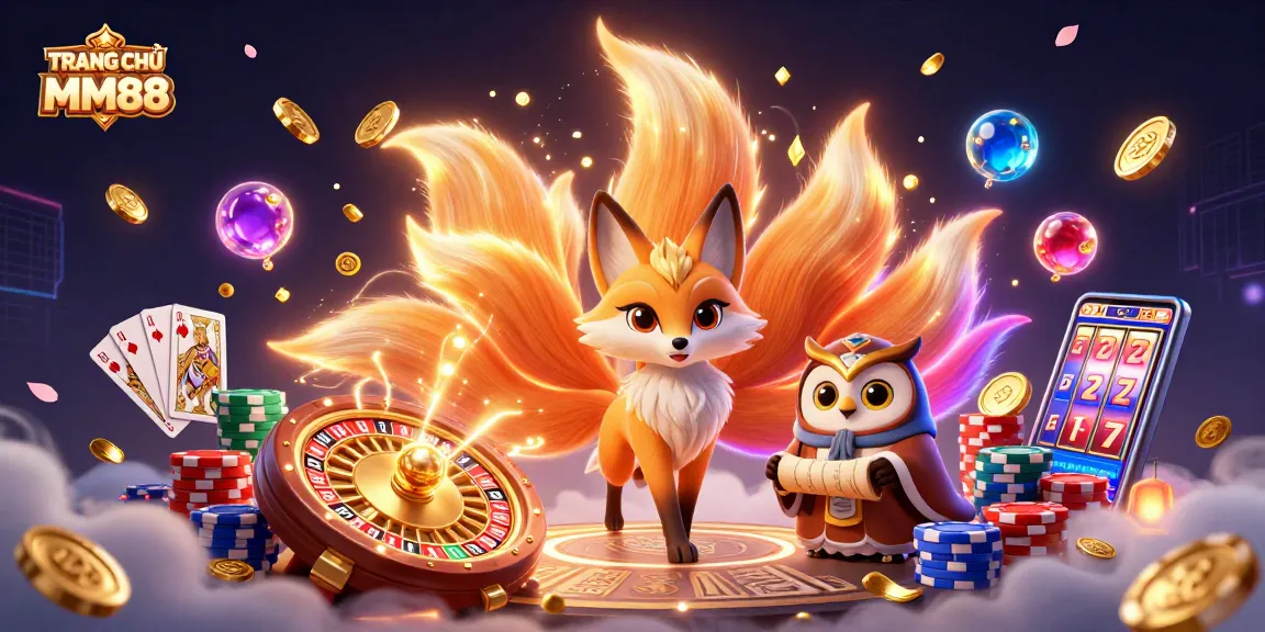 Engaging scene of TRANG CHỦ MM88 with a glowing fox spirit, owl sage, and vibrant casino elements.