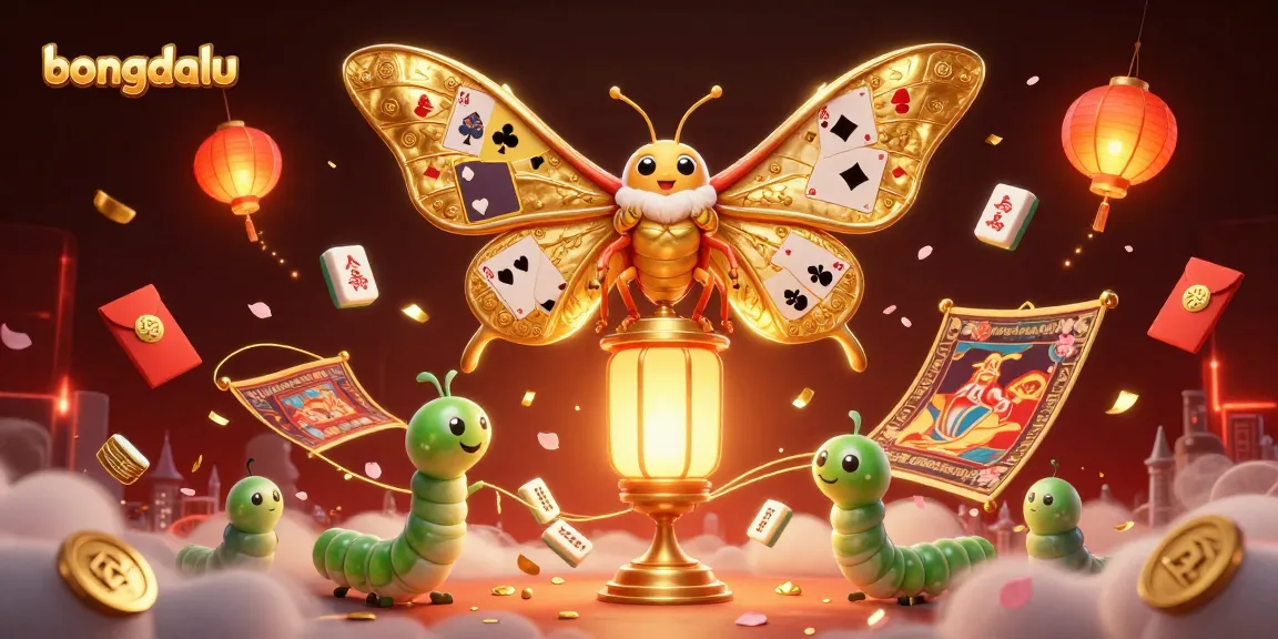 Bongdalu showcases a vibrant illustration of a golden-winged moth amidst rich casino symbols, celebrating gambling culture.