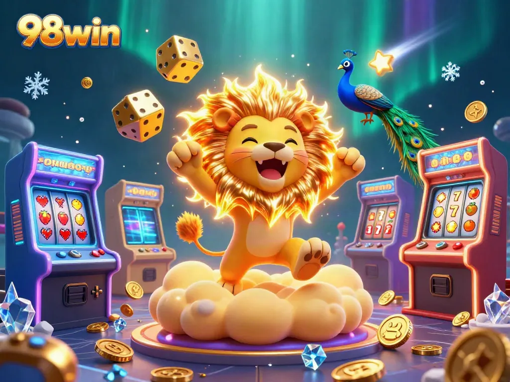 Engage with thrilling casino action at 98win, showcasing a vibrant 3D illustration of a lion amid dazzling jackpot elements.