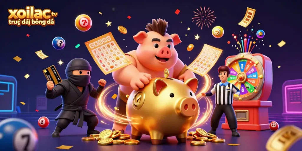 Experience xoilac tv trực tiếp bóng đá with engaging characters and dynamic gambling elements in a vibrant 3D scene.