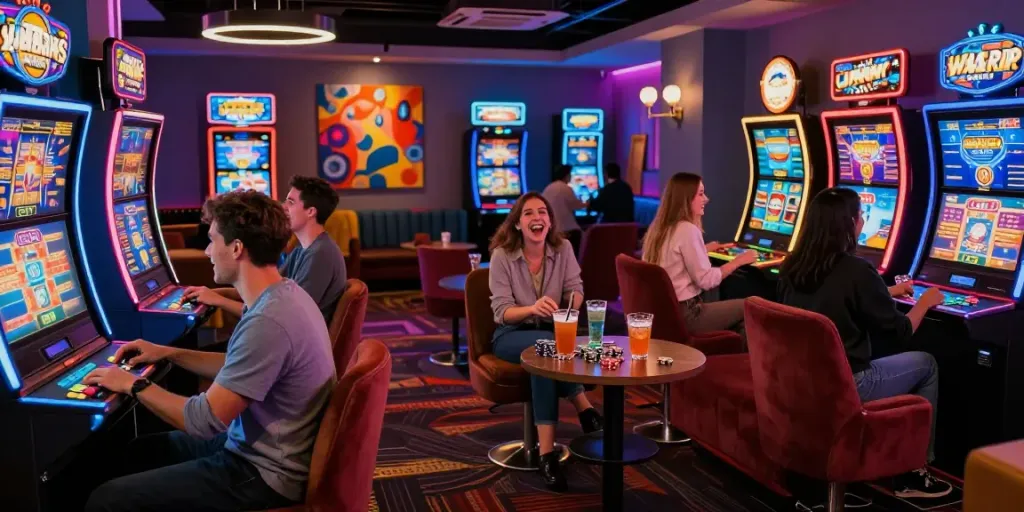 Exciting non-UK casino gaming experience with friends enjoying vibrant atmosphere.