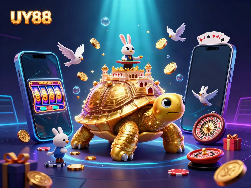 Join the excitement at UY88 with a vibrant digital casino scene featuring interactive games and characters.