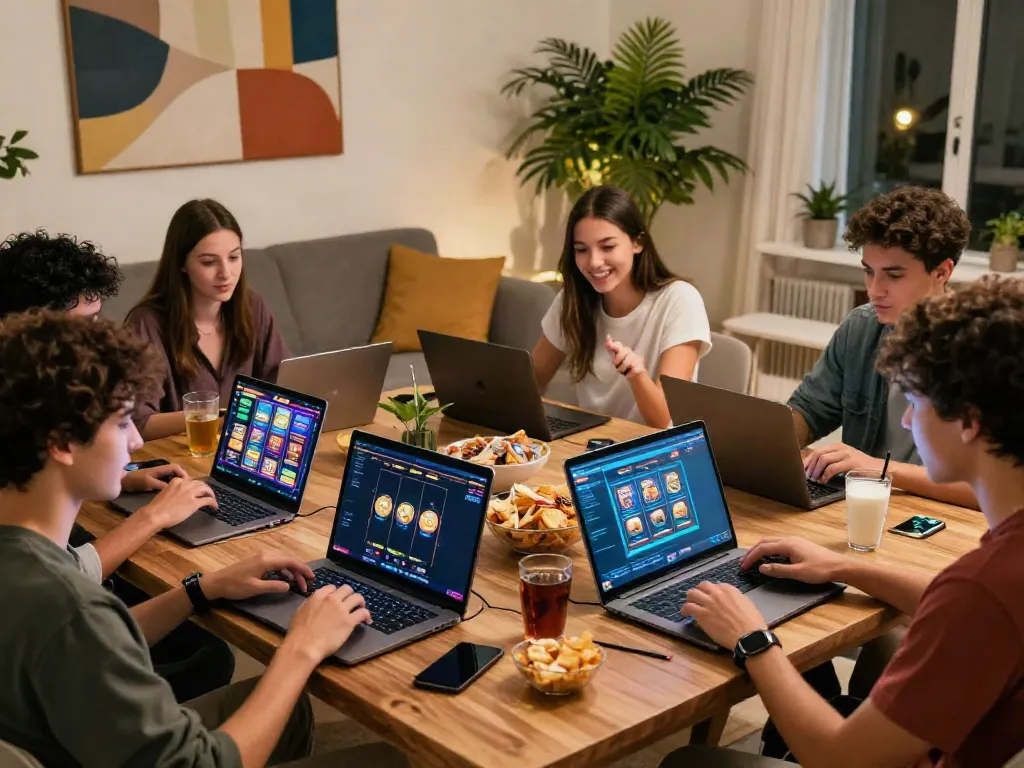 Group of friends enjoying non UK casino games in a cozy living room.