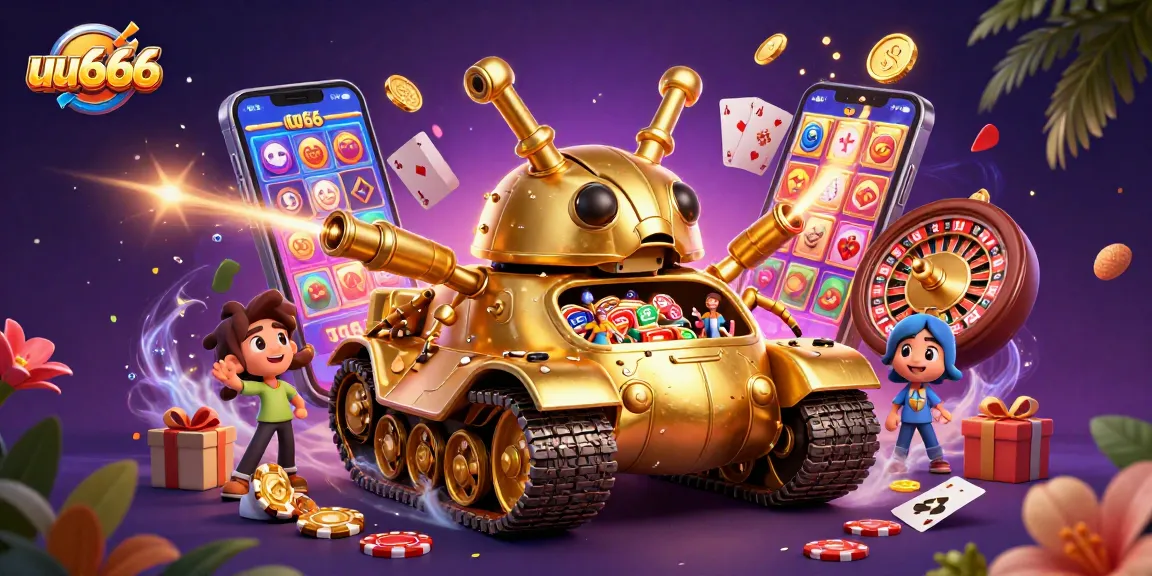 uu666 reveals a vibrant casino world inside a golden beetle tank, showcasing slot games and confetti