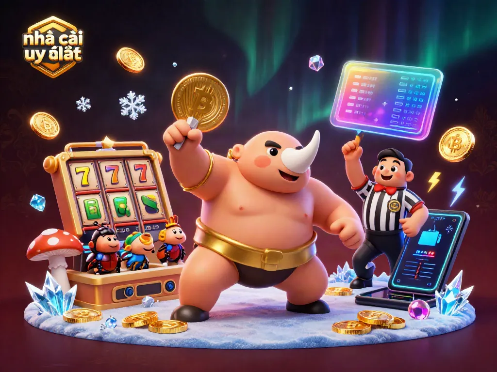 Engage with the Nhà cái uy tín scene featuring a sumo beetle champion amidst a vibrant casino backdrop.