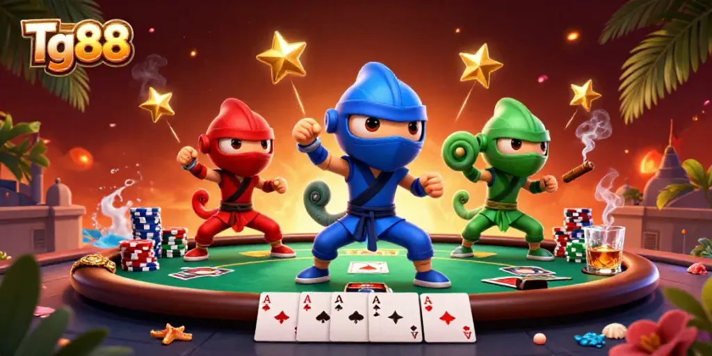 Tg88 showcases a dynamic scene with colorful ninja chameleons engaging in gambling at a vibrant poker table.