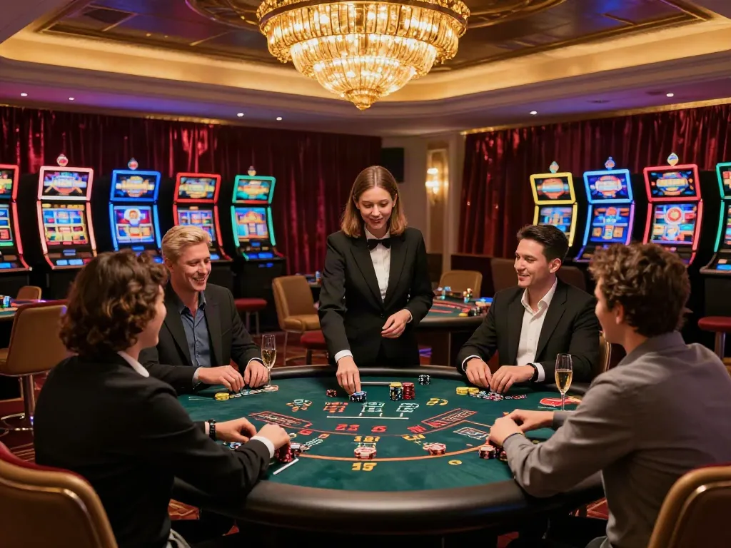 Exciting non UK casino experience with diverse players at a blackjack table.