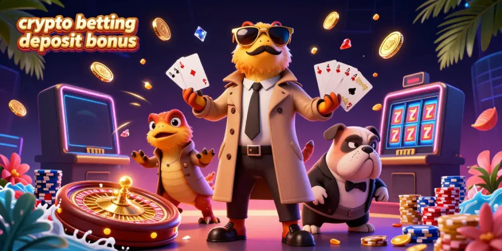 Enjoy the crypto betting deposit bonus with playful raptors at a vibrant casino scene.