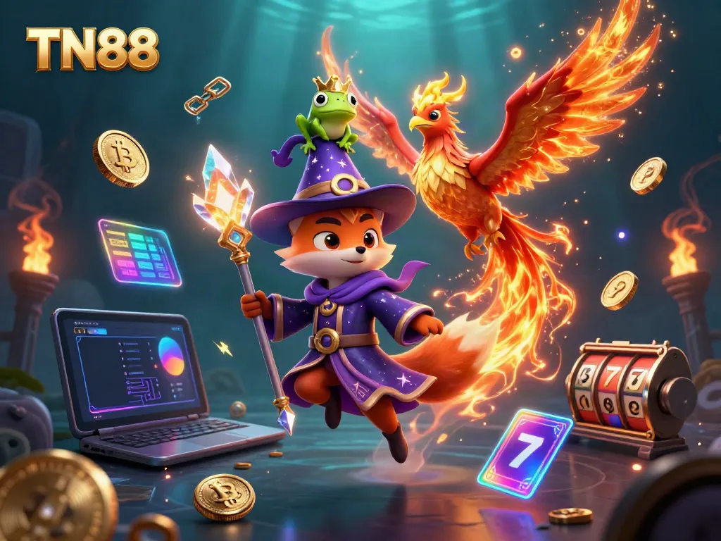 Bet on TN88 as a mystical wizard fox and phoenix ignite the casino world with blockchain magic.