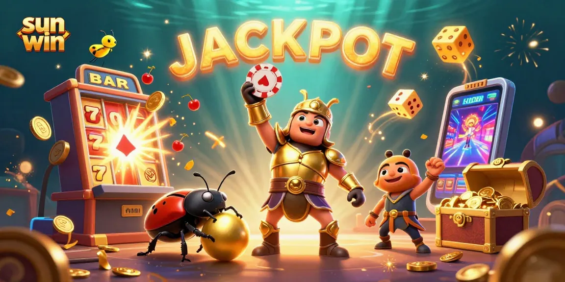 Experience the excitement of sun win with a winning beetle lifting chips, vibrant casino elements, and jackpot visuals