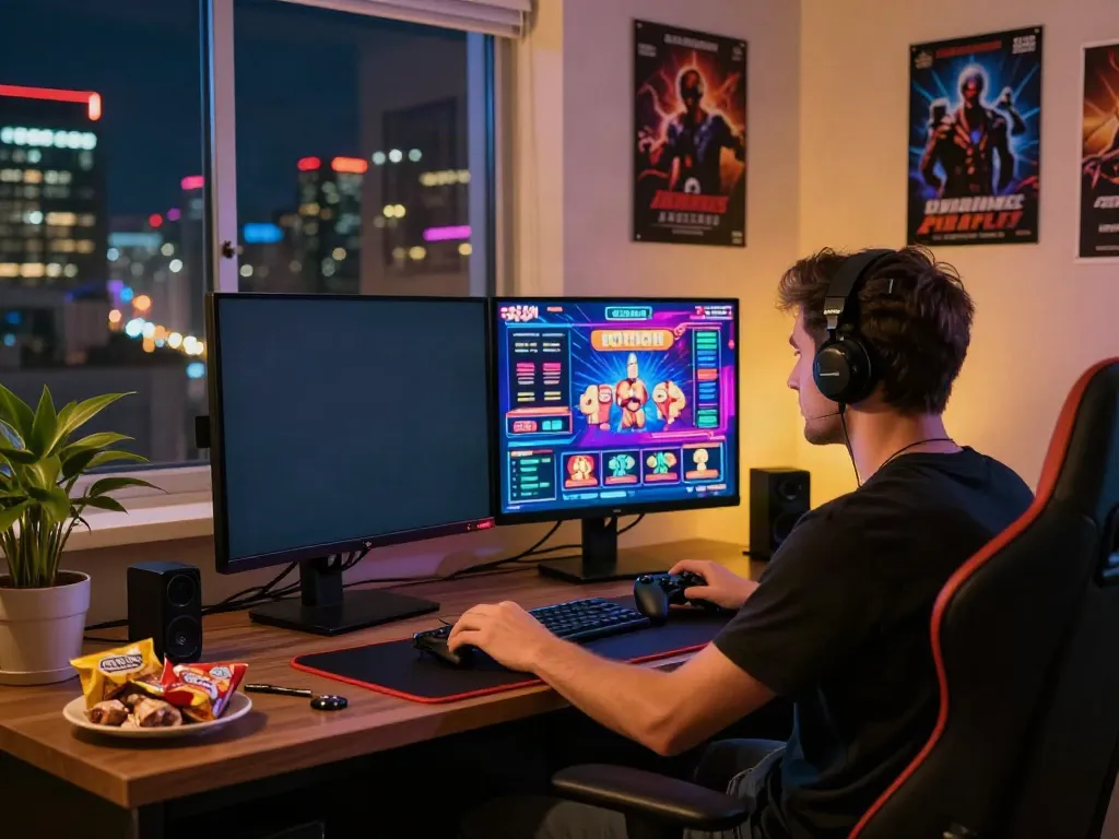 Engaged player exploring non UK casino games in a vibrant online gaming setup.