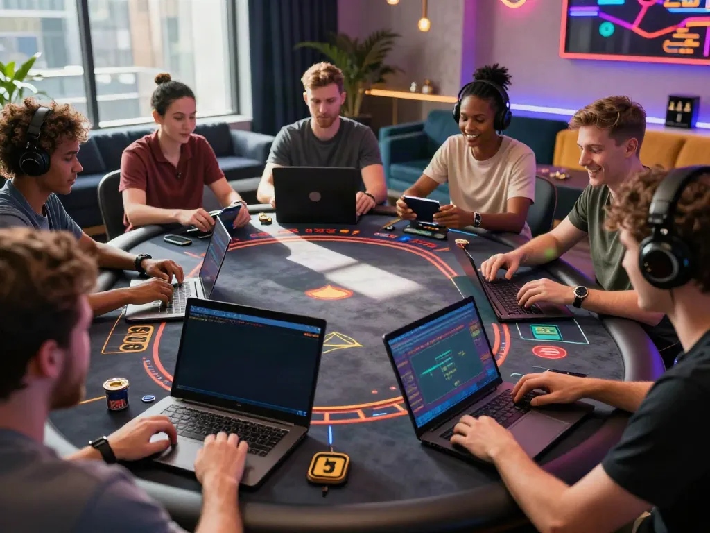 Engaged players enjoying non UK casino games on various devices in a vibrant, modern environment.